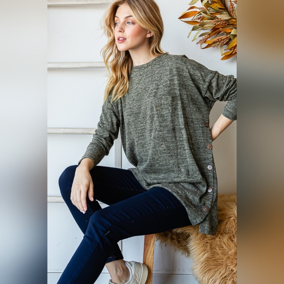 REBORN J Olive Button Side Round Neck Long Sleeve T-Shirt - Picture 3 of 7